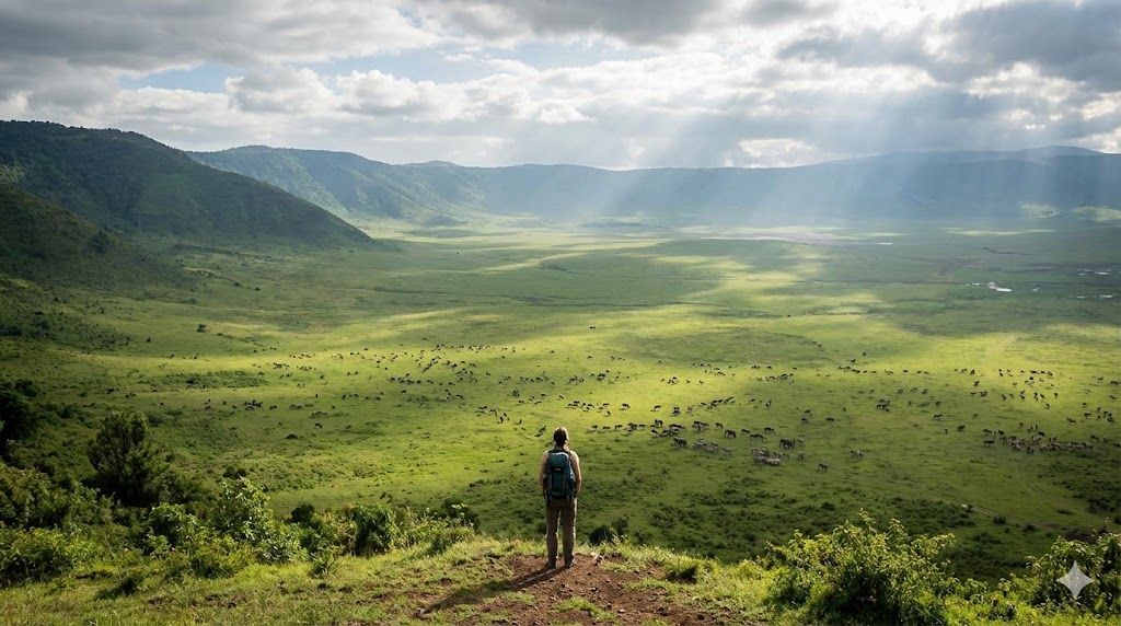 Elephants and safari vehicles in a green Tarangire landscape